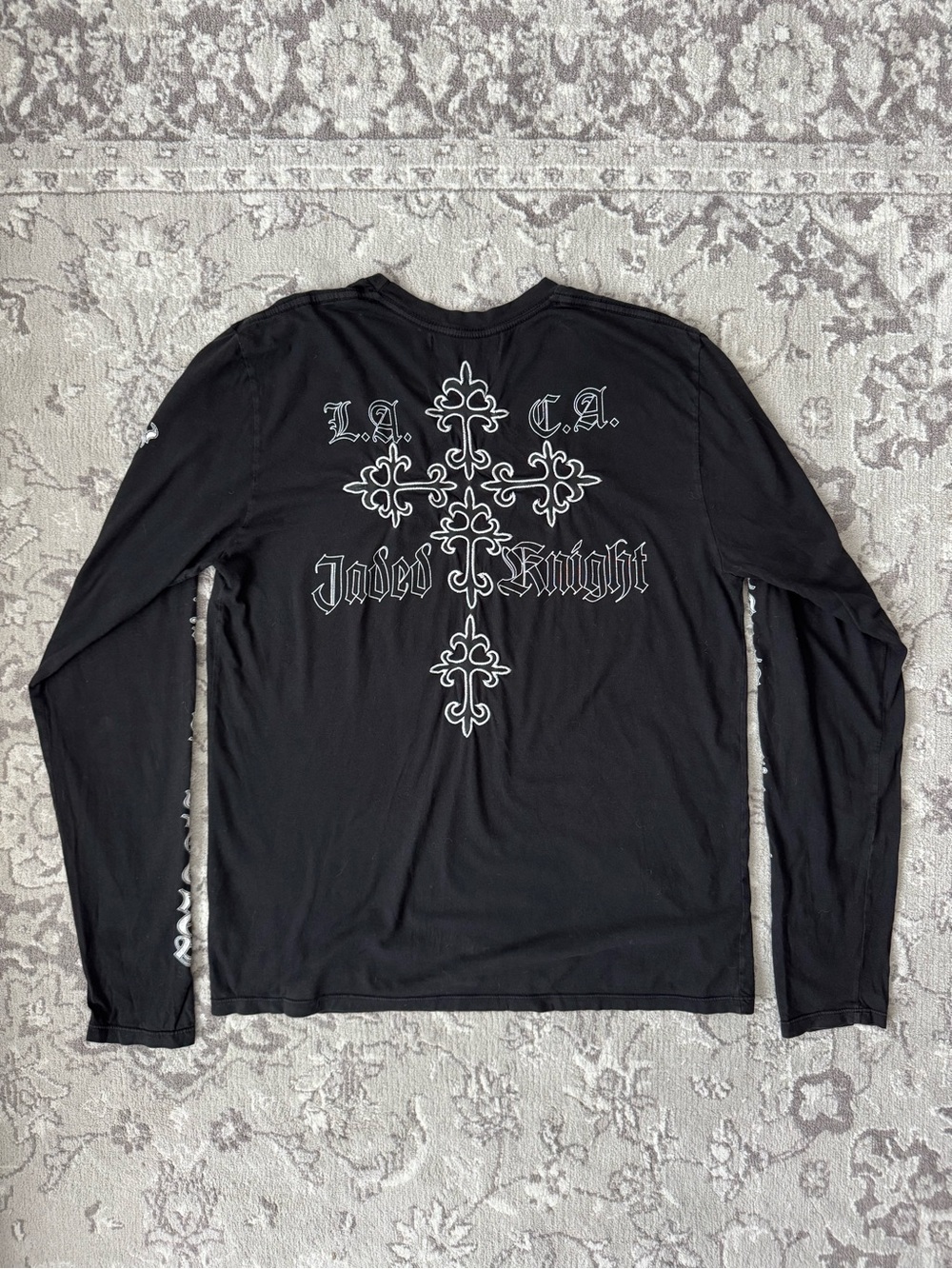 Jaded by Knight Long-Sleeve Graphic Tee with Leather Appliqué - Hand Made in USA - Picture 2 of 8